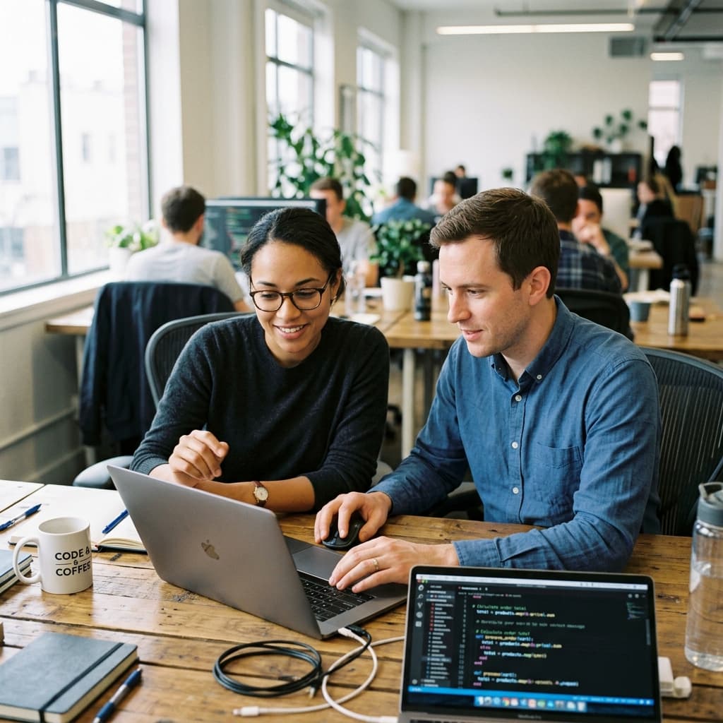 Software engineers pair programming laptop screen
