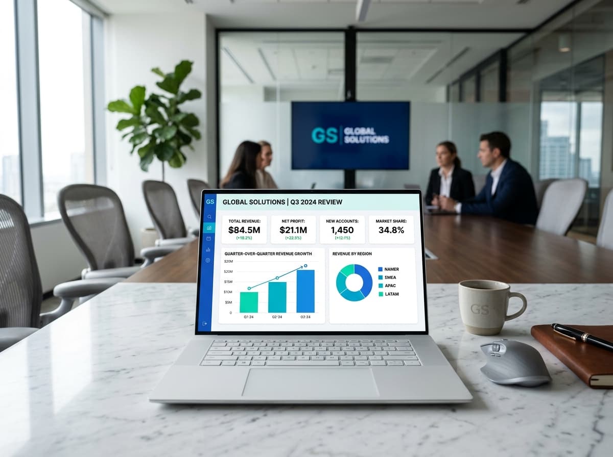 Laptop showing clean executive revenue dashboard