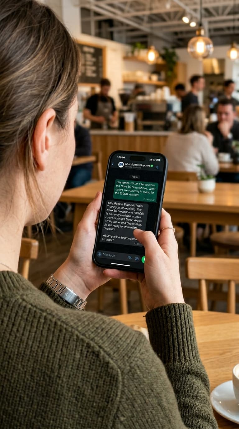 WhatsApp Business chat on phone showing AI bot response