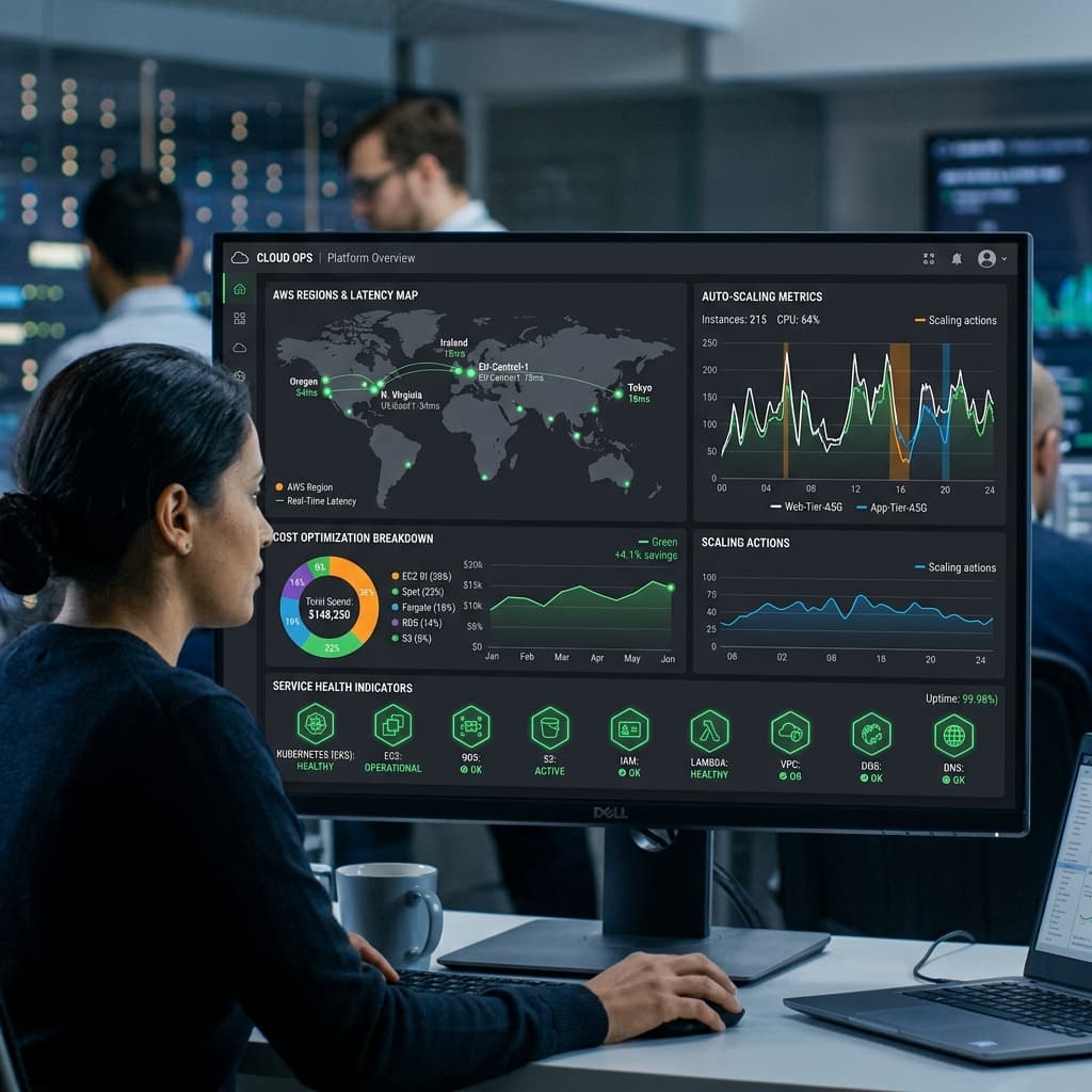 Cloud infrastructure management dashboard showing AWS regions map and metrics