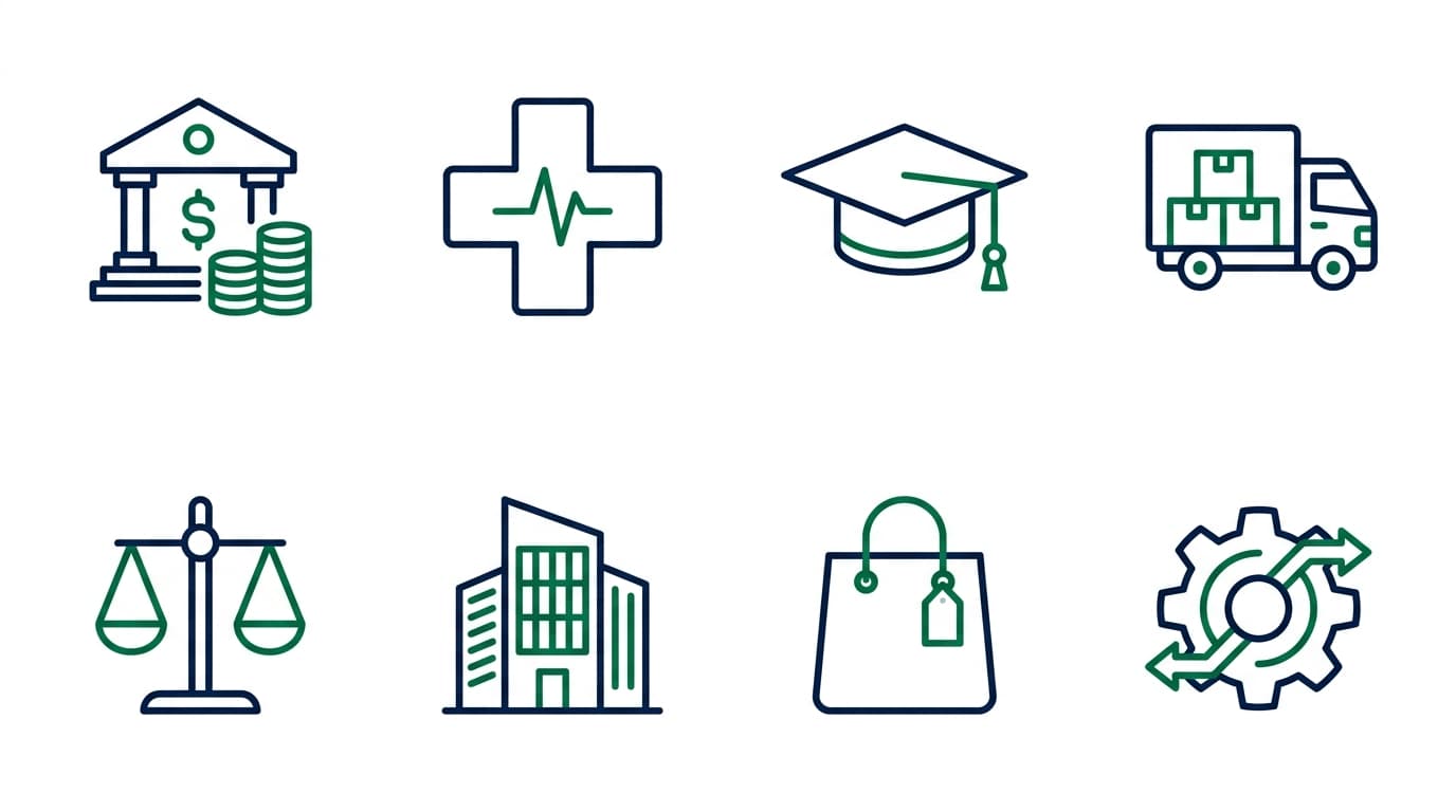 8 industry sector icons representing DevAura capabilities