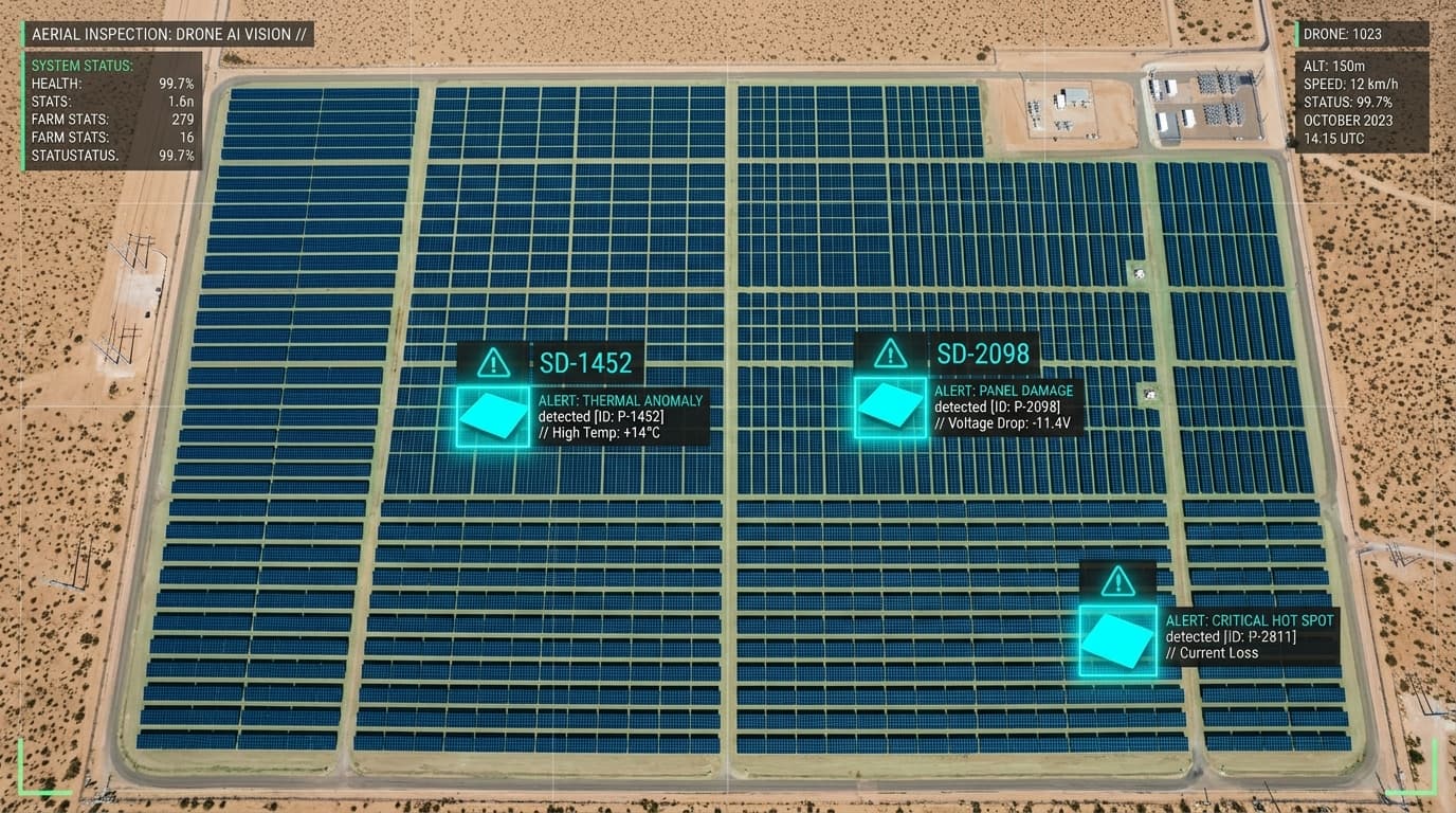 Drone aerial view of solar panel array with AI detection overlays