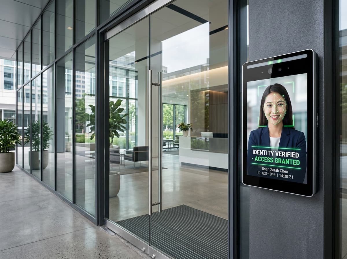 Modern office door access panel showing face recognition scan