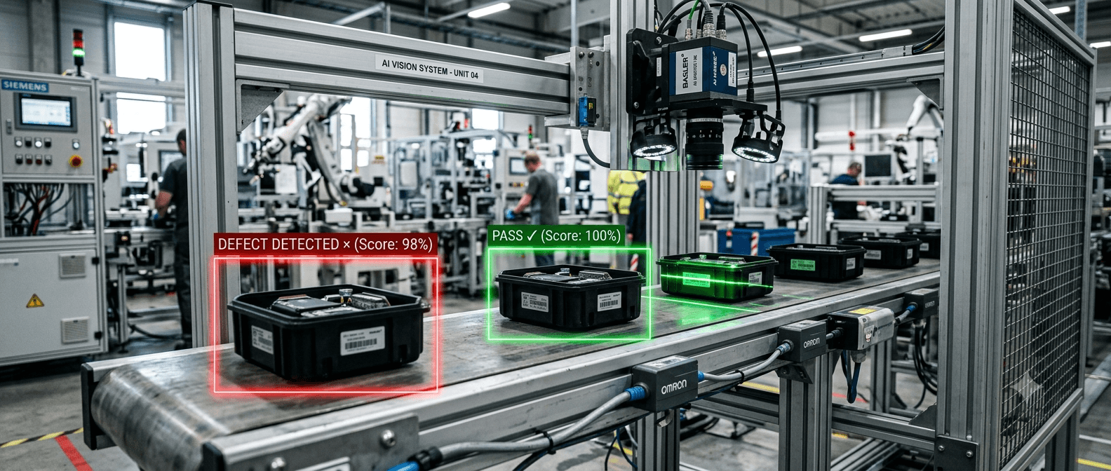 Industrial conveyor belt production line with AI detection camera