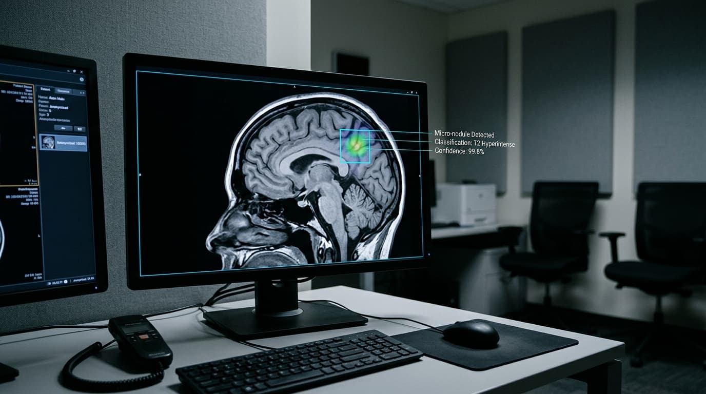 Medical scan image on clinical monitor with AI detection overlays
