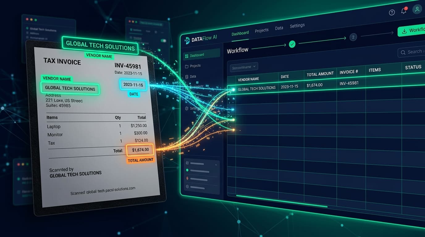 Invoice document with AI data extraction overlays