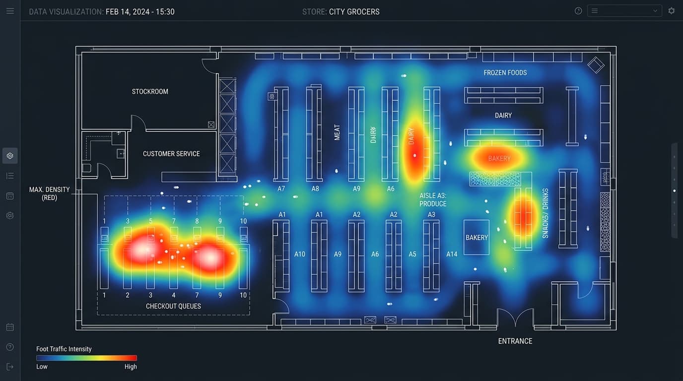 Retail store floor plan with AI heatmap overlay