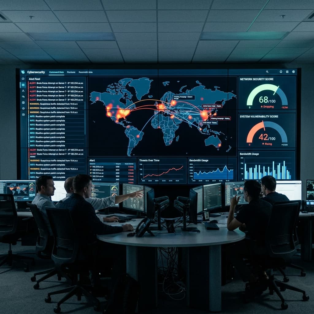 Cybersecurity monitoring command center dashboard with global threat map and SOC screens