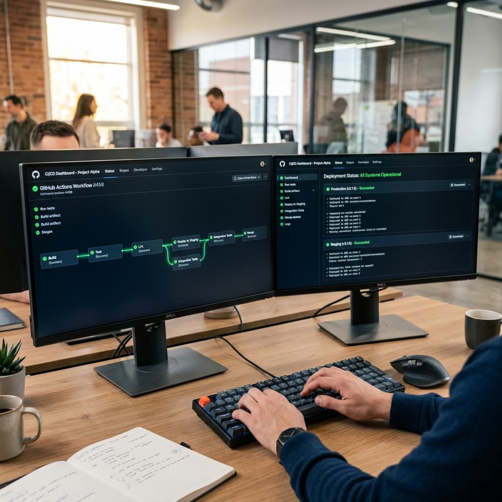 CI/CD dashboard on dual monitors showing green checkmarks on all build stages