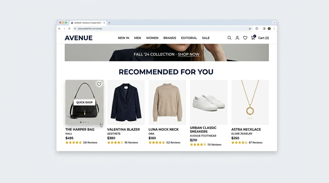E-commerce homepage showing personalized product recommendations