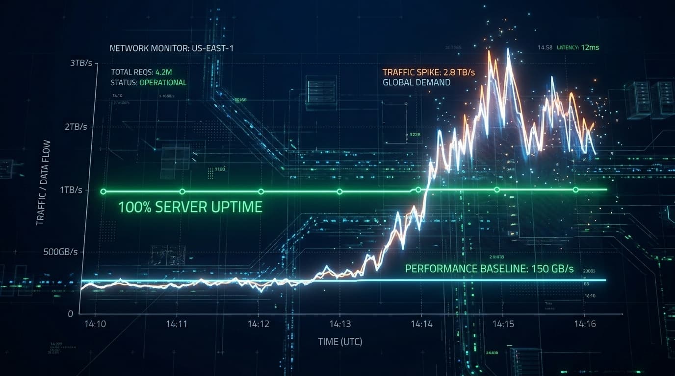 Auto-scaling graph showing traffic spike handled smoothly