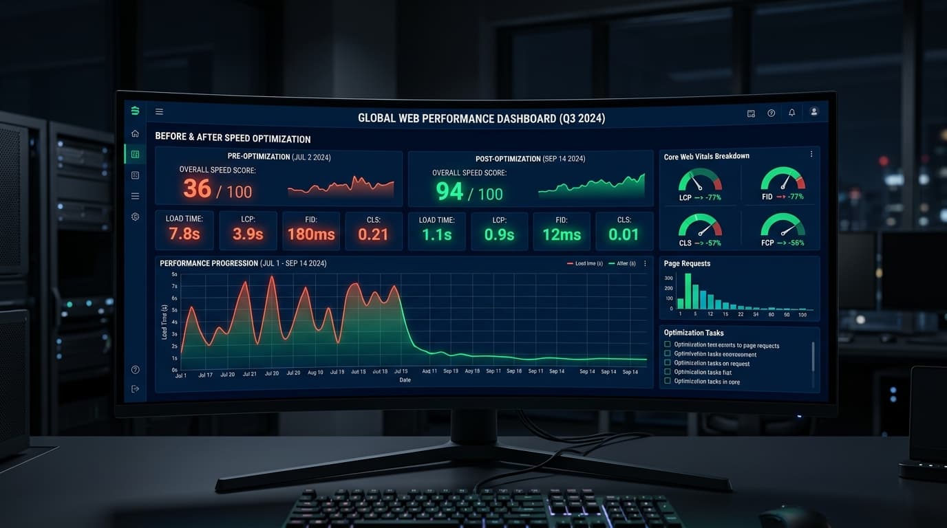 Speed test showing website score improvement