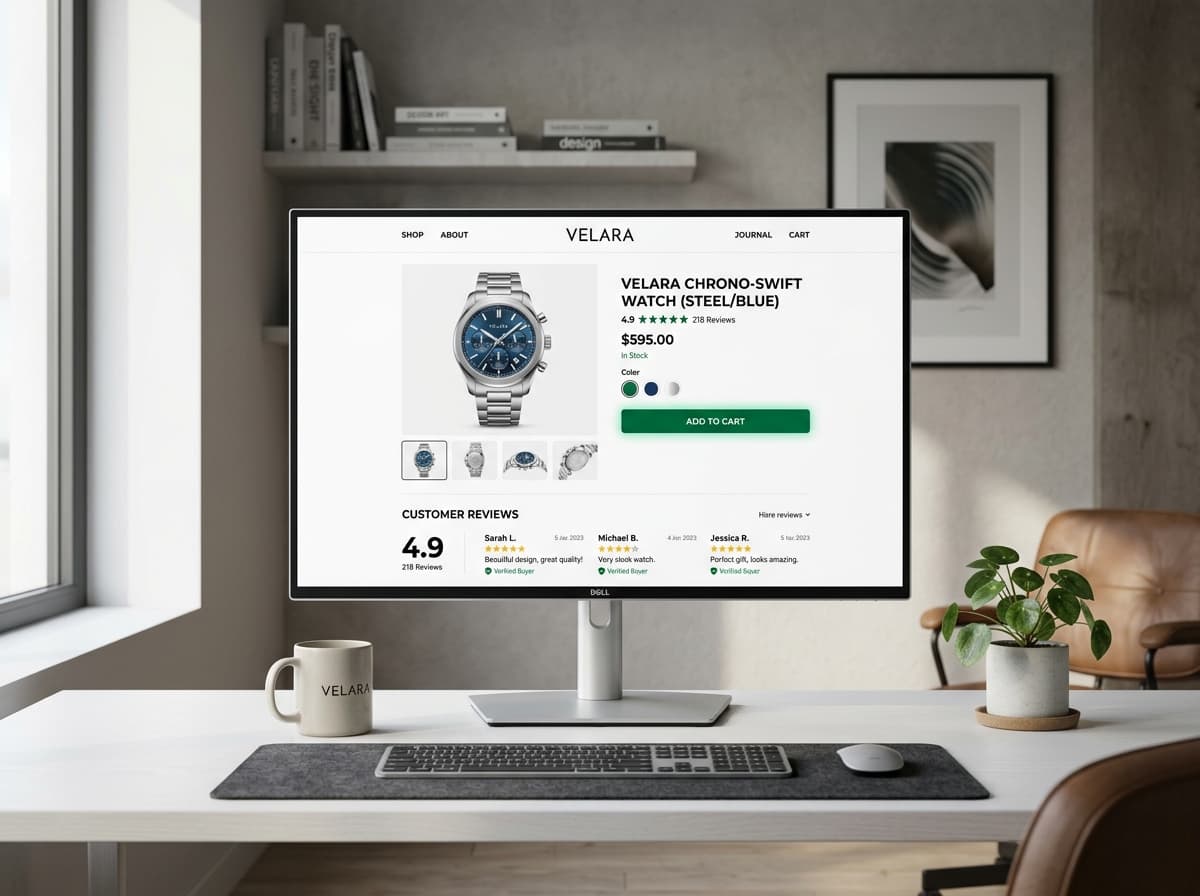 Premium e-commerce product page on desktop monitor