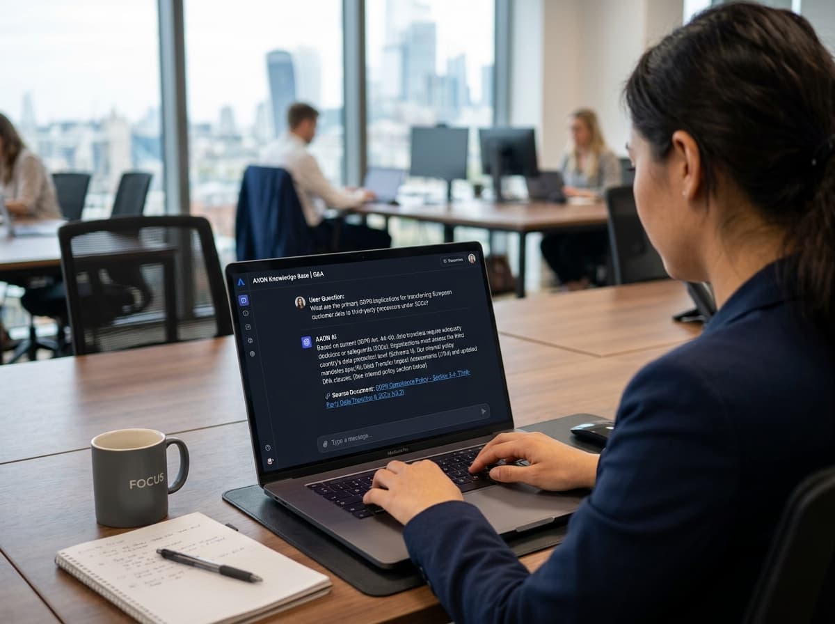 AI-powered internal knowledge base interface on laptop with cited source document reference