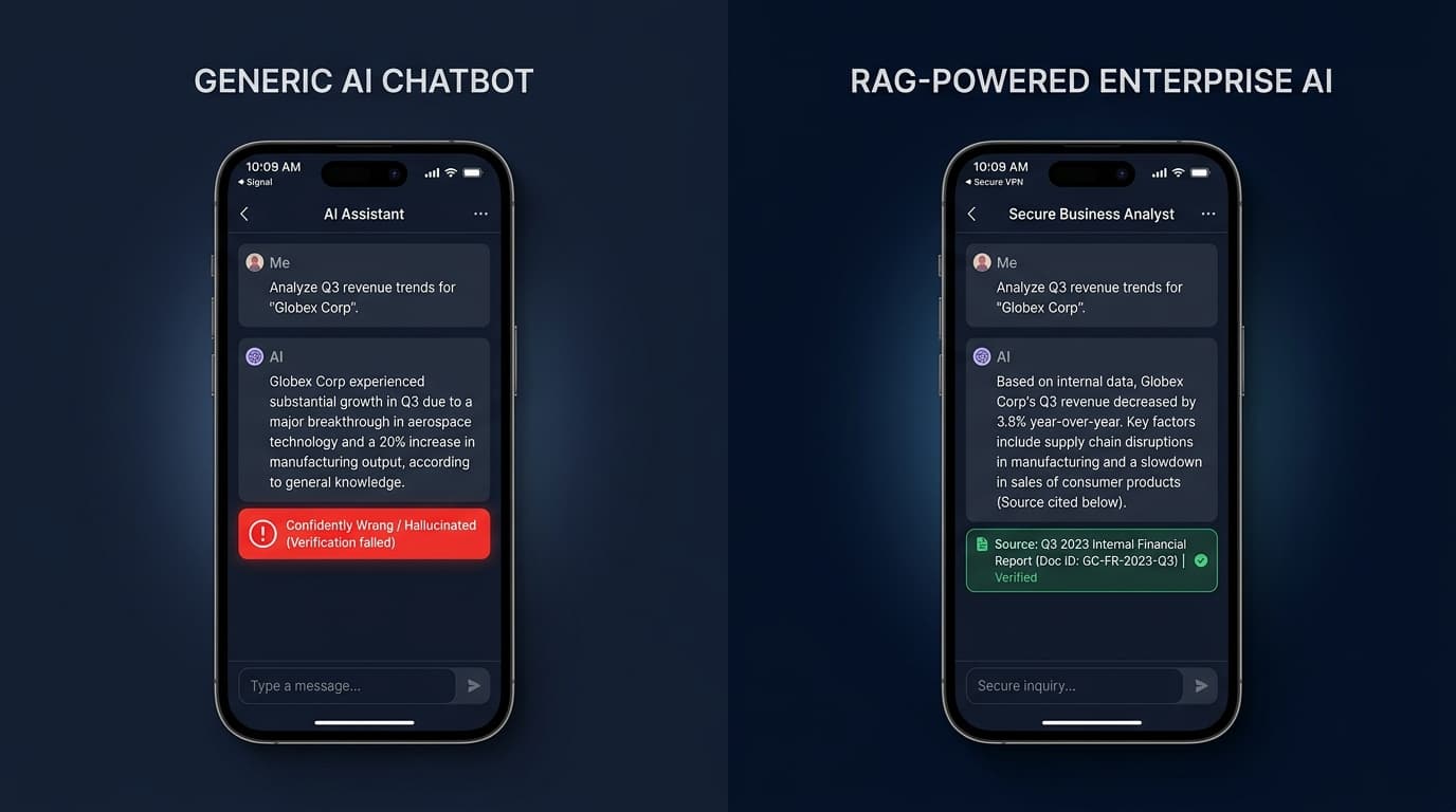 Split screen phone mockup comparing hallucinated answer vs cited RAG answer