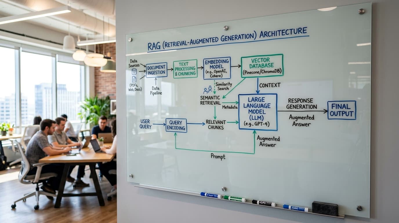 RAG architecture technical diagram on whiteboard