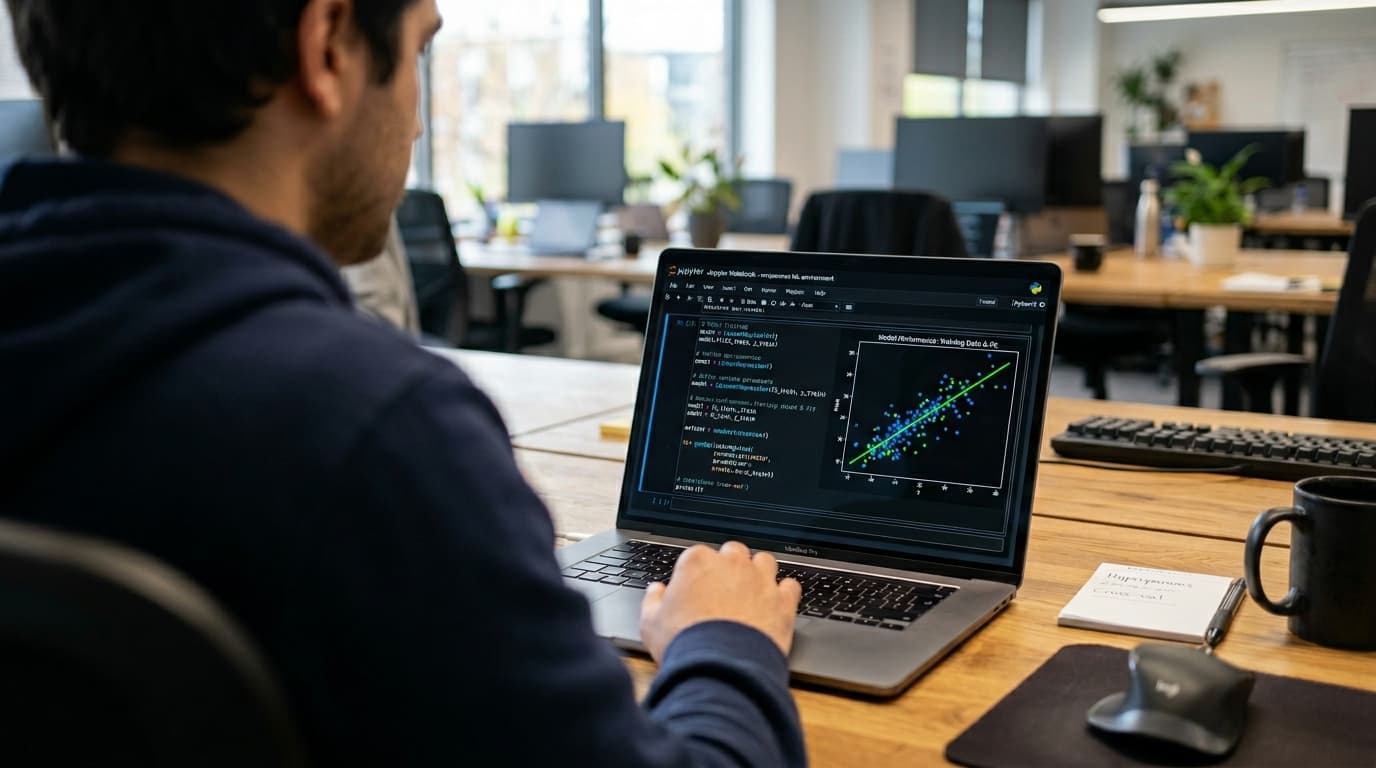 Data scientist laptop showing machine learning model training