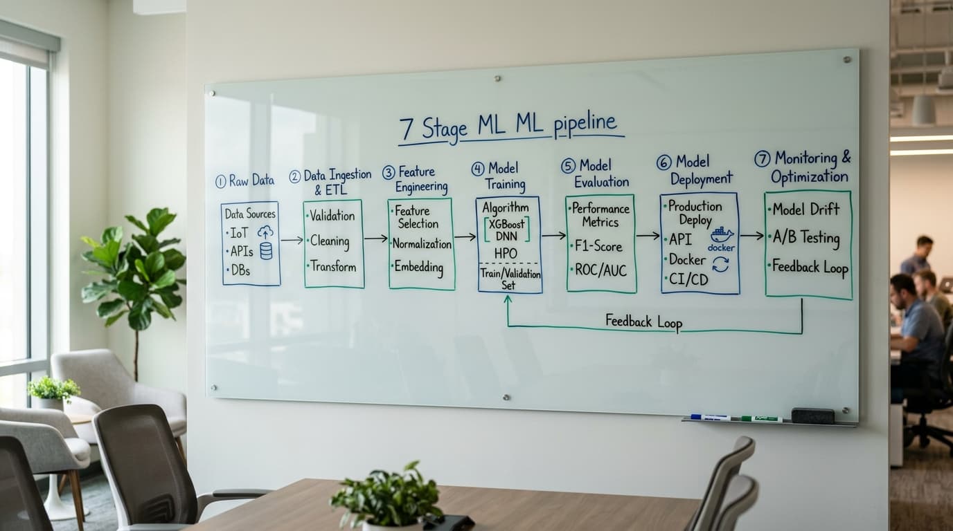 Machine learning pipeline diagram on whiteboard