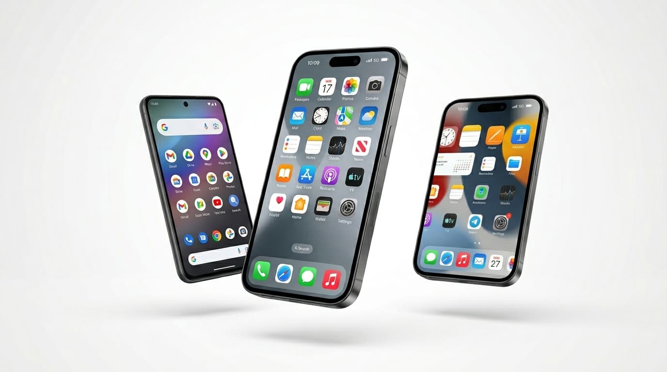 Three smartphones floating showing DevAura custom iOS and Android app interfaces