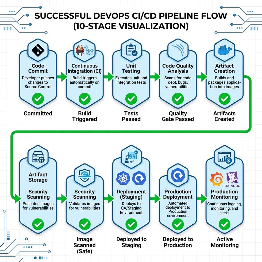 DevOps CI/CD pipeline flow visualization with 10 connected stages