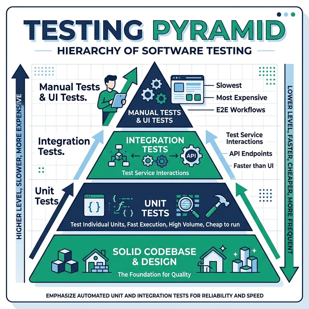 Testing pyramid infographic showing unit, integration, and E2E tests