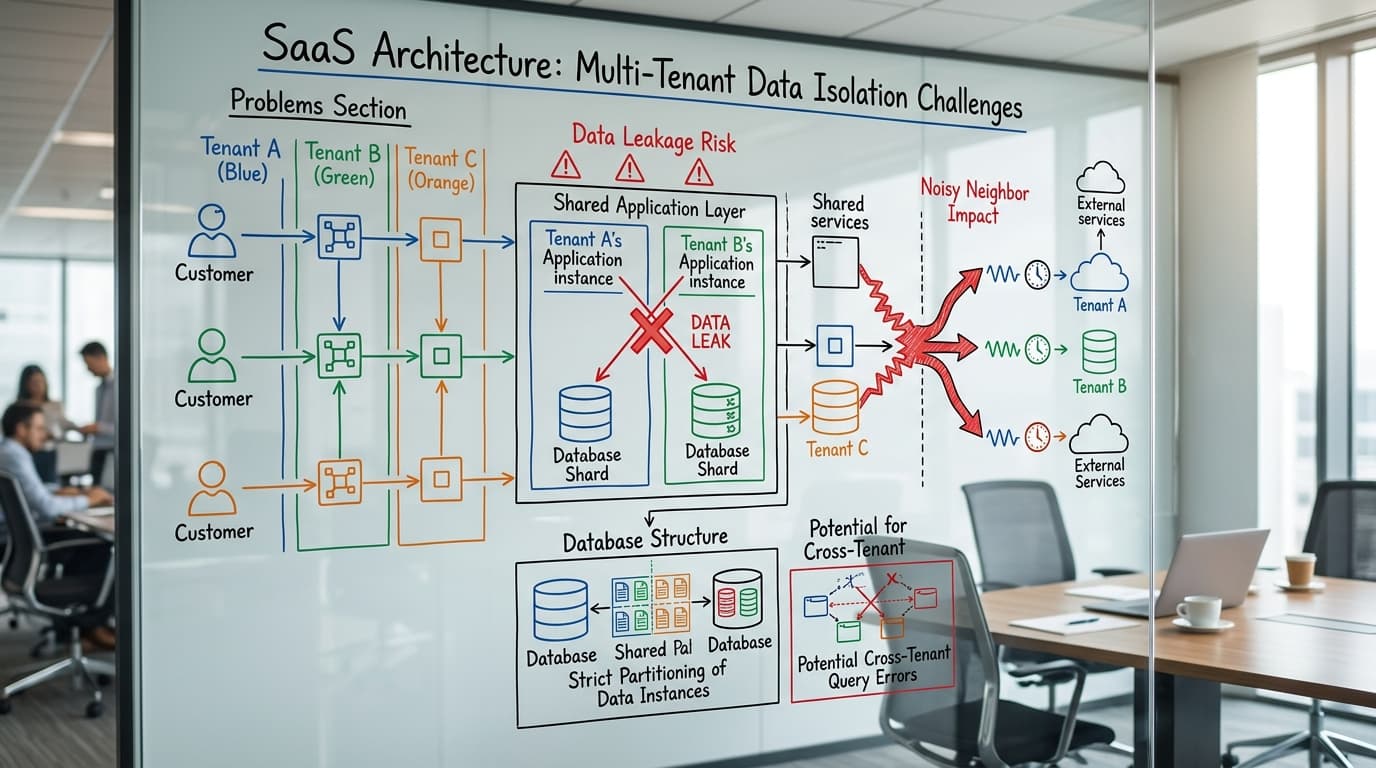 Multi-tenant SaaS architecture diagram on whiteboard