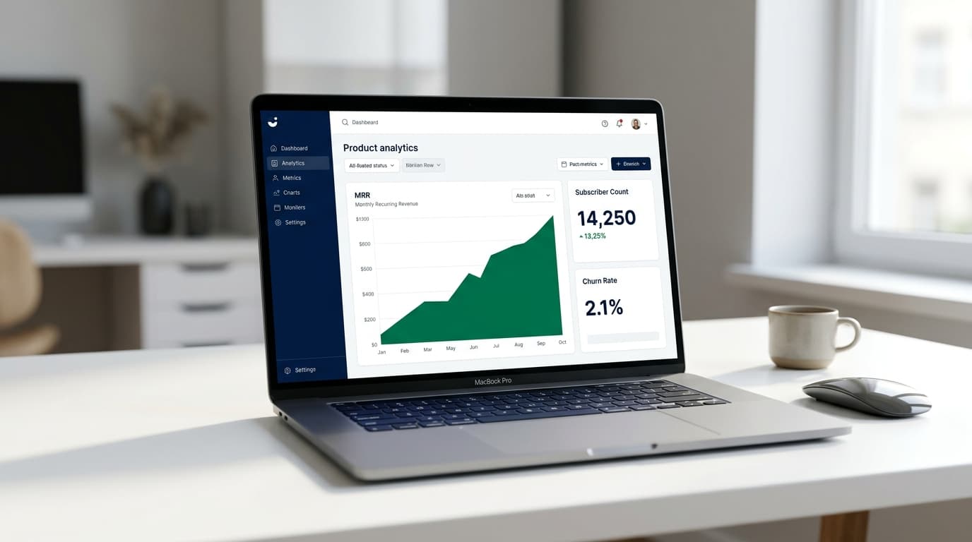MacBook Pro showing SaaS product analytics dashboard