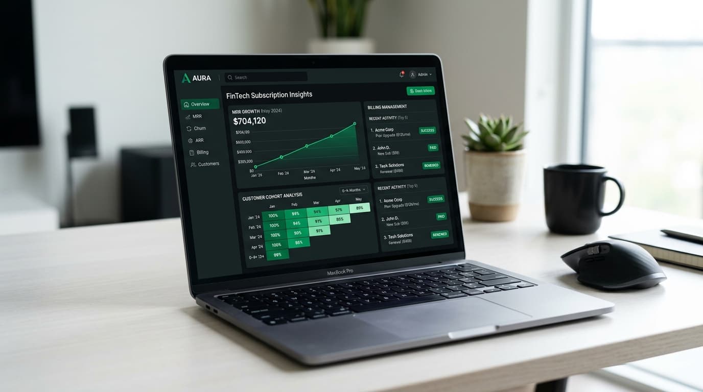 MacBook showing FinTech SaaS subscription dashboard