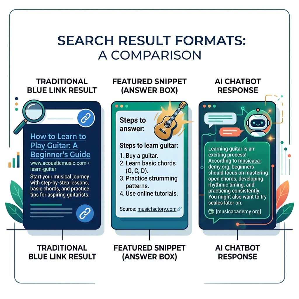 Three search result types — traditional Google blue link, featured snippet answer box, and AI chatbot response citing a website