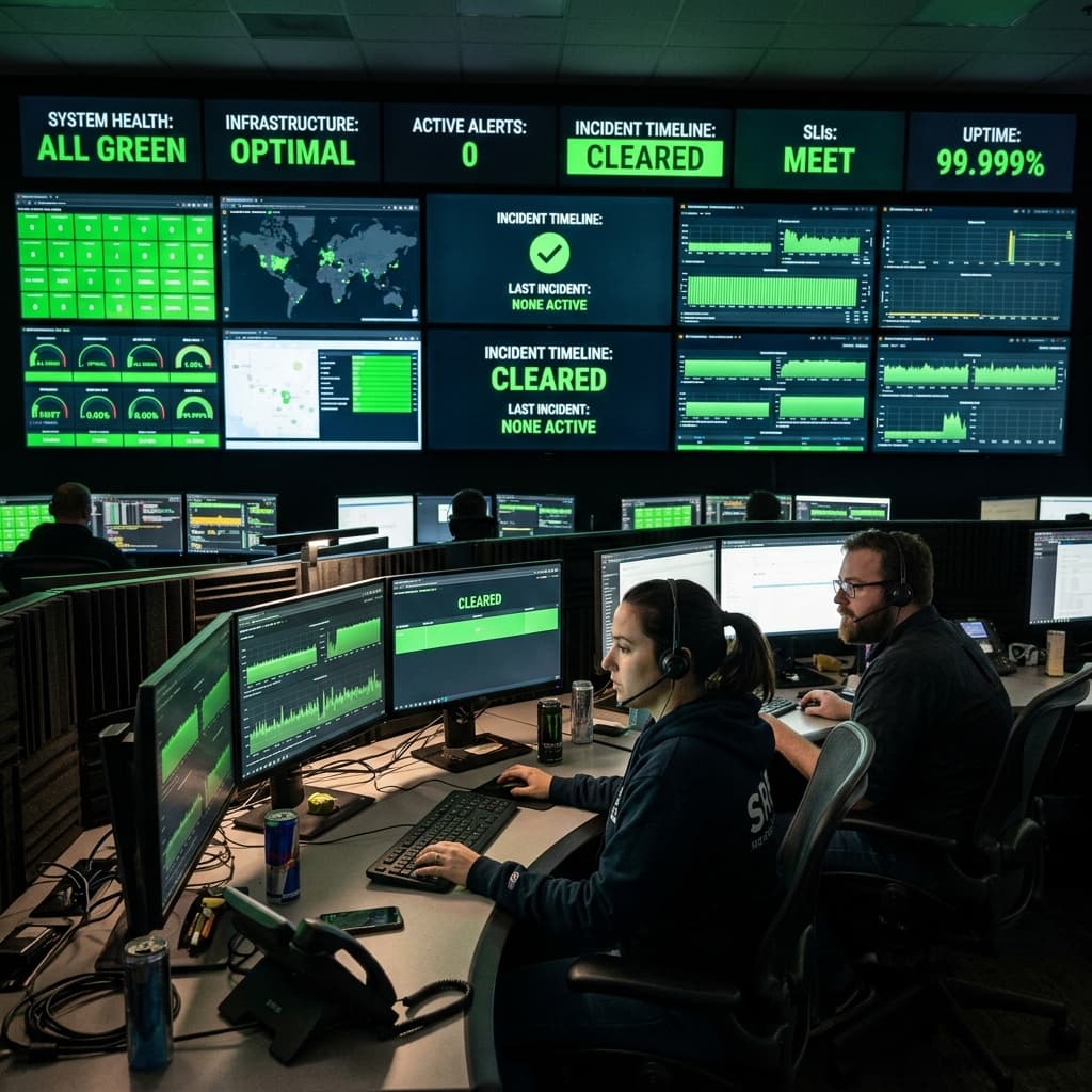 SRE team monitoring dashboards at night, green system health indicators
