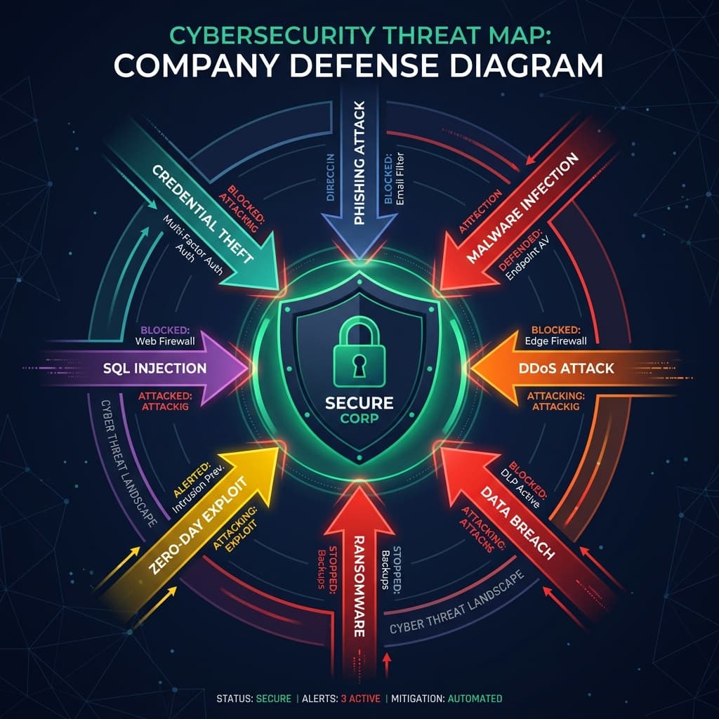 Cybersecurity threat map diagram with 8 colored attack vector arrows pointing to a central shield