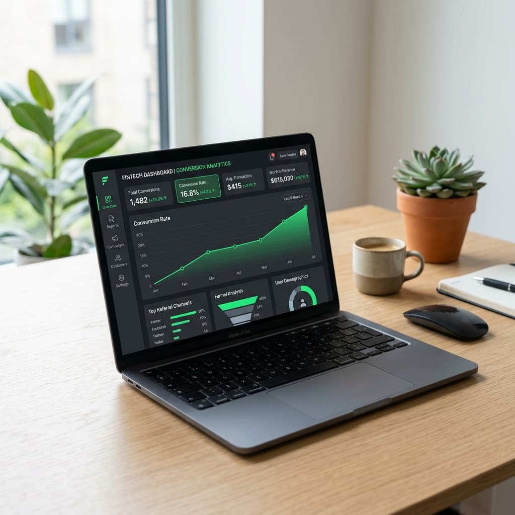 FinTech SaaS dashboard on MacBook Pro showing upward trending conversion chart with green metrics