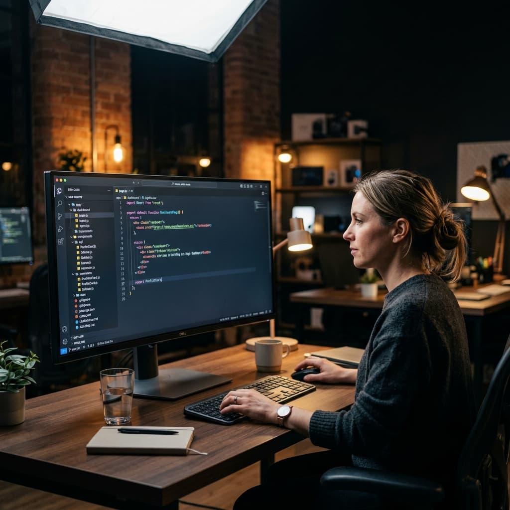 Clean Next.js codebase on large monitor with component tree visible in sidebar