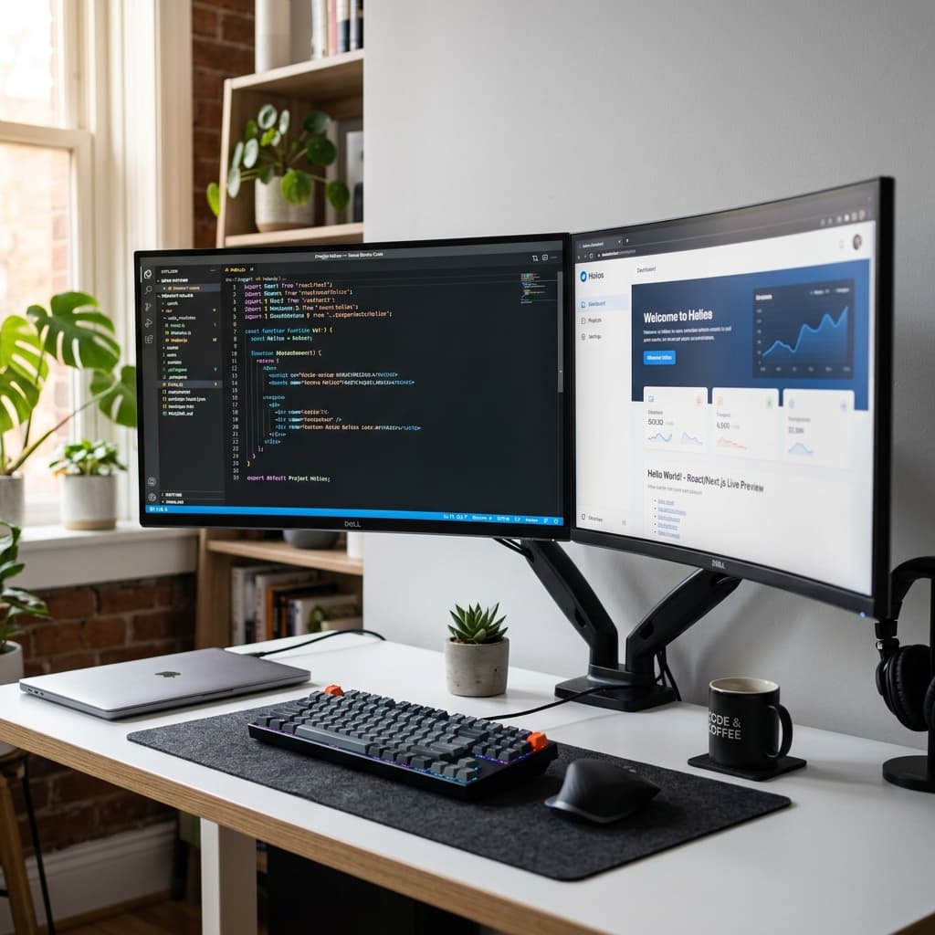 Professional developer desk with dual ultrawide monitors showing Next.js code